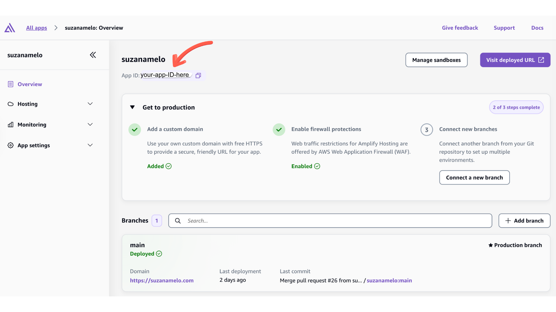 AWS Amplify Console Overview showing the App ID field location