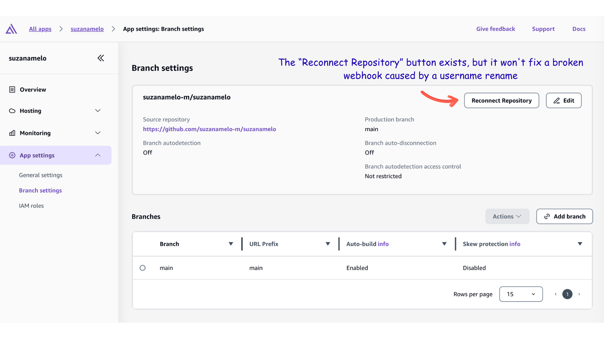 AWS Amplify Reconnect Repository button