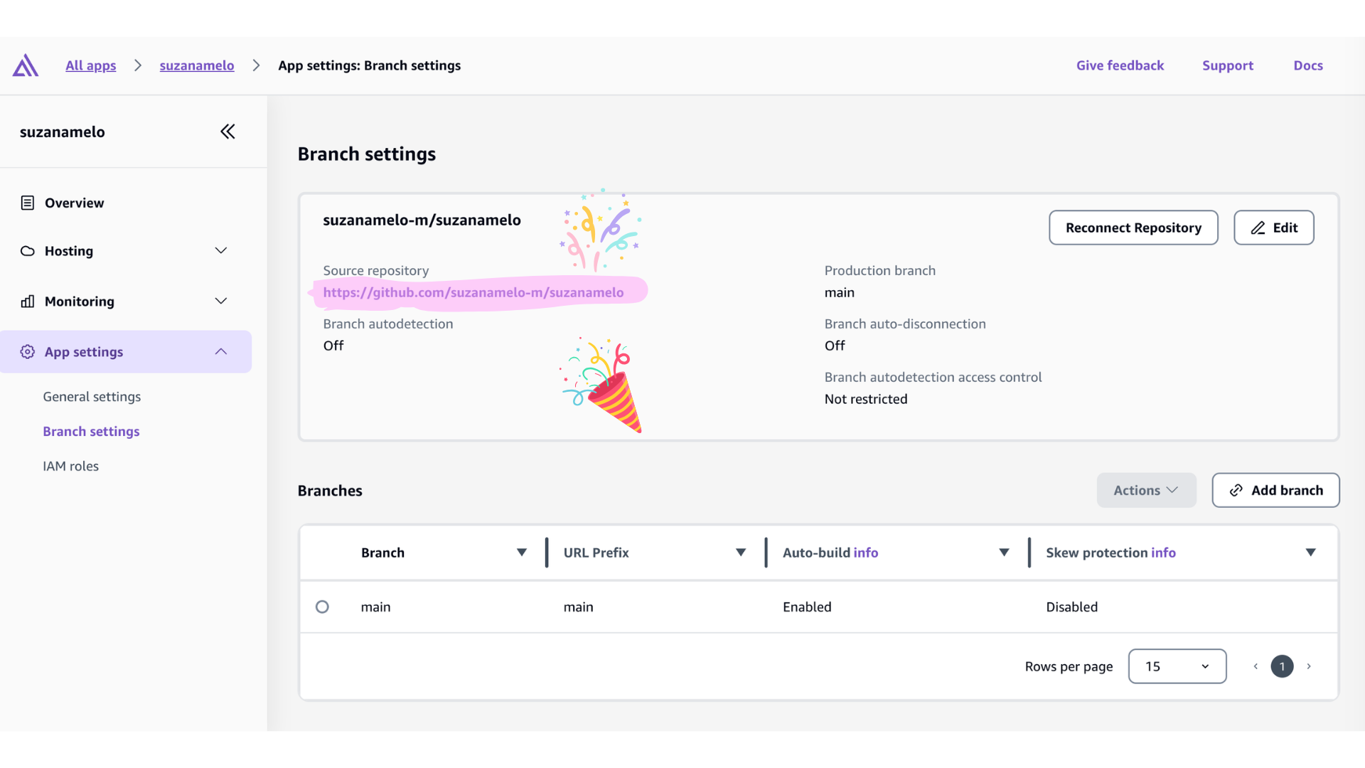 AWS Amplify Branch Settings showing the correct source repository