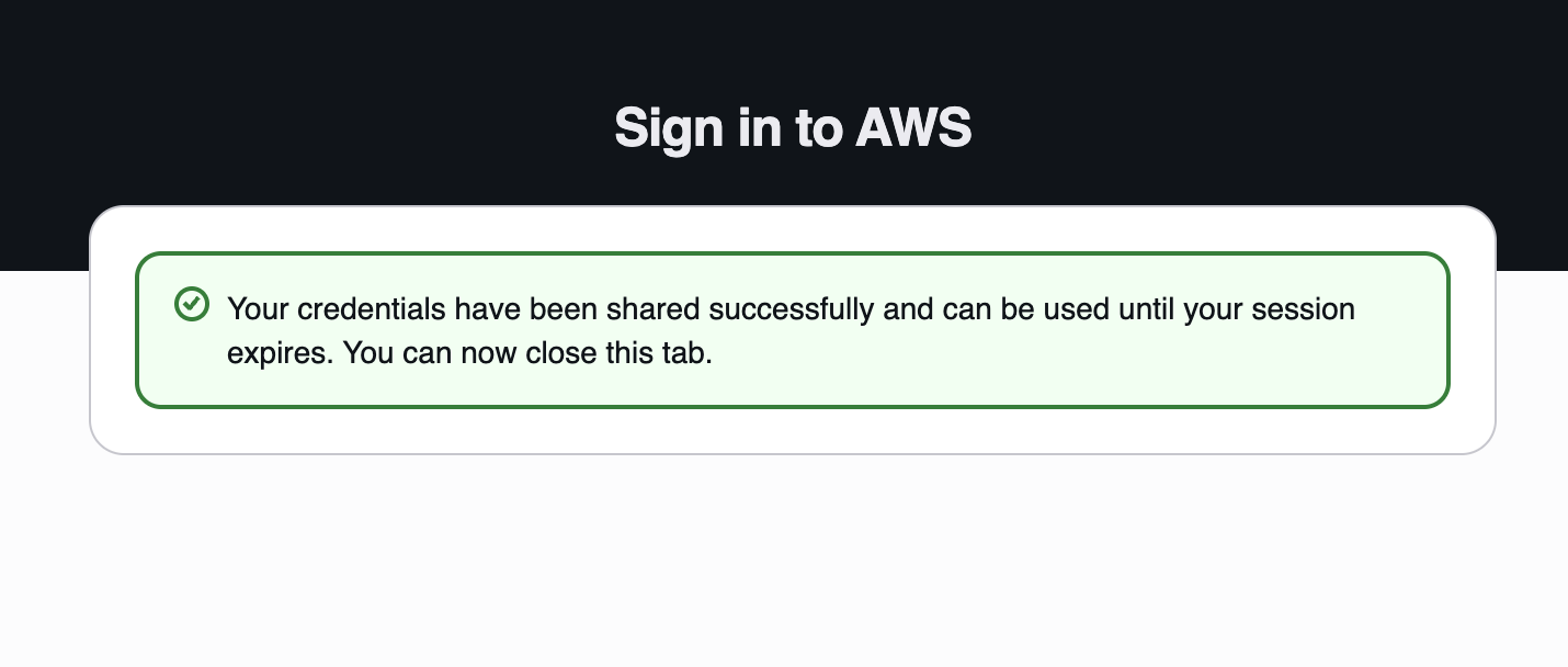 AWS sign-in success screen confirming that credentials have been shared with the AWS CLI