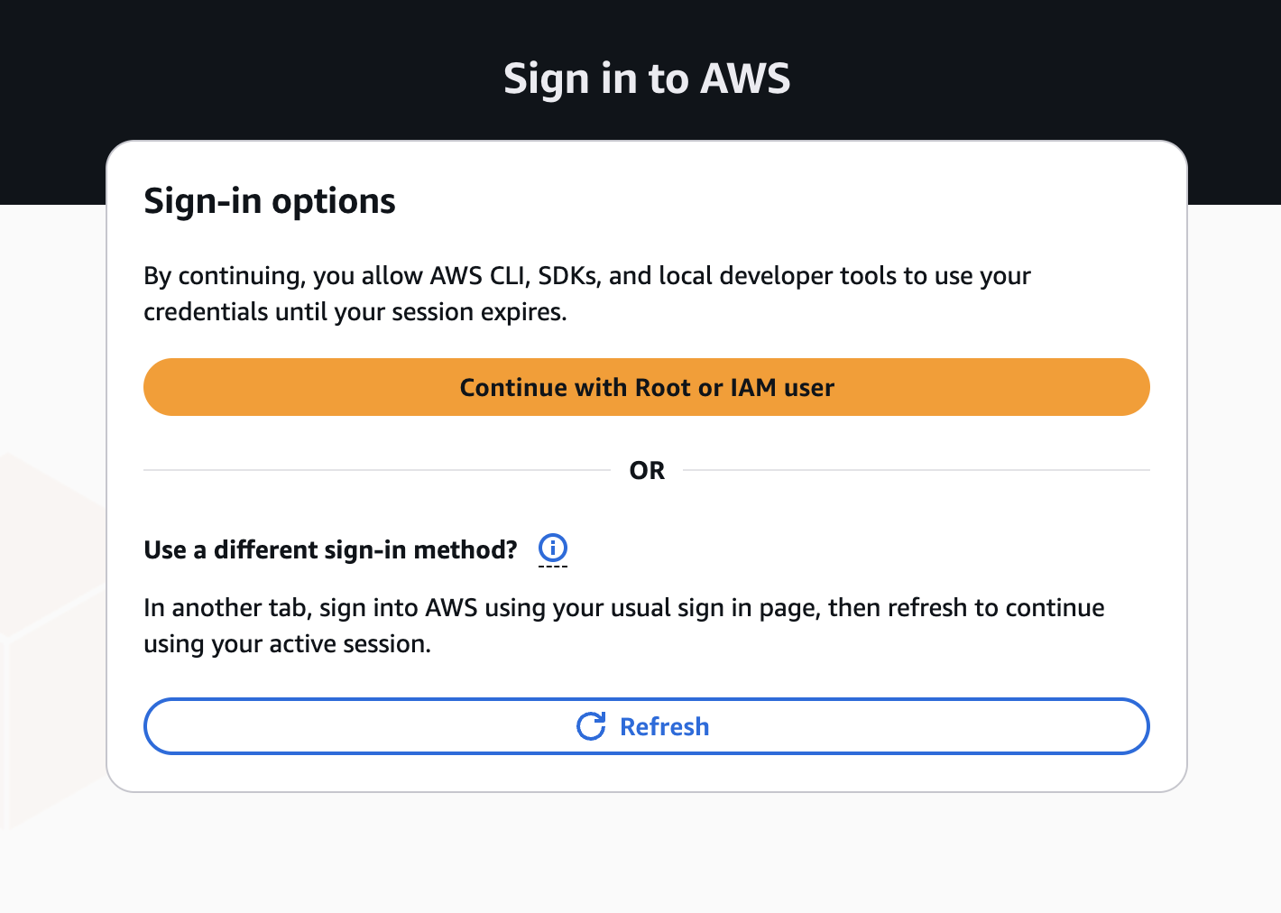AWS sign-in page showing authentication options after running aws login