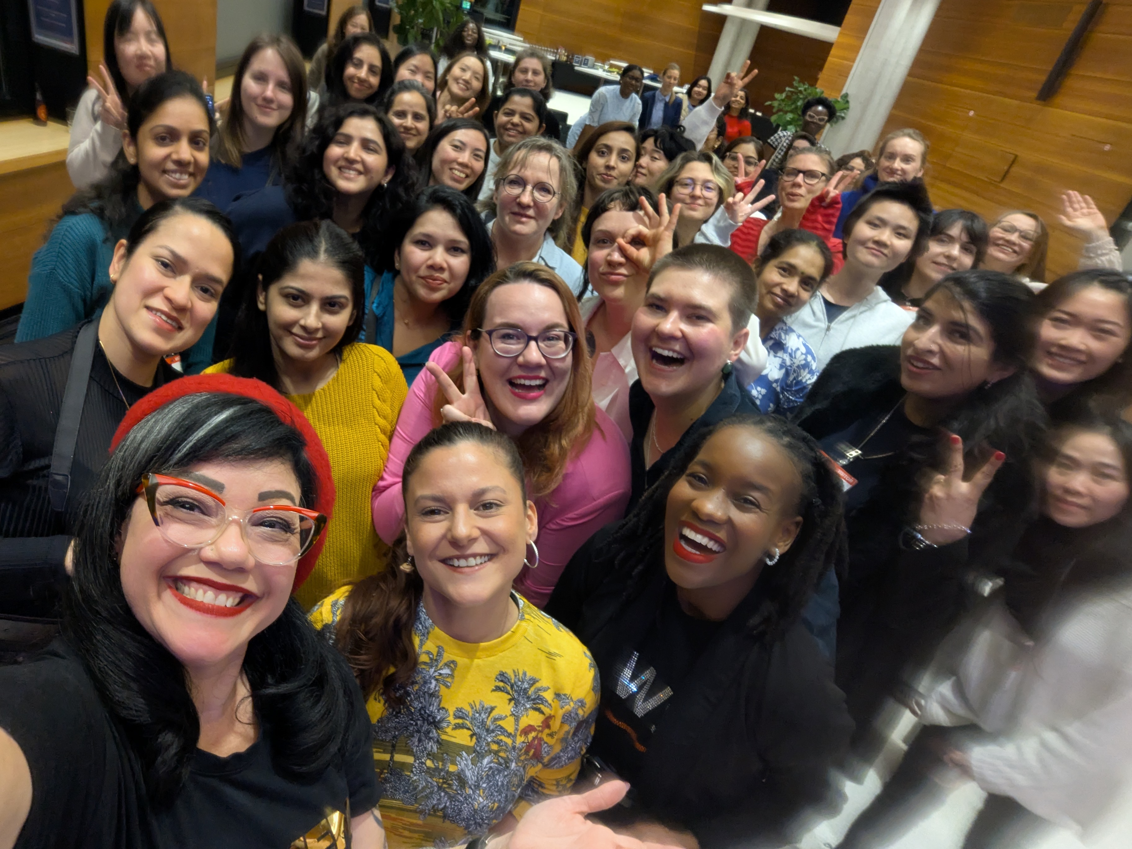 Selfie with organizers, panelists, and attendees at AWS Women’s User Group Berlin