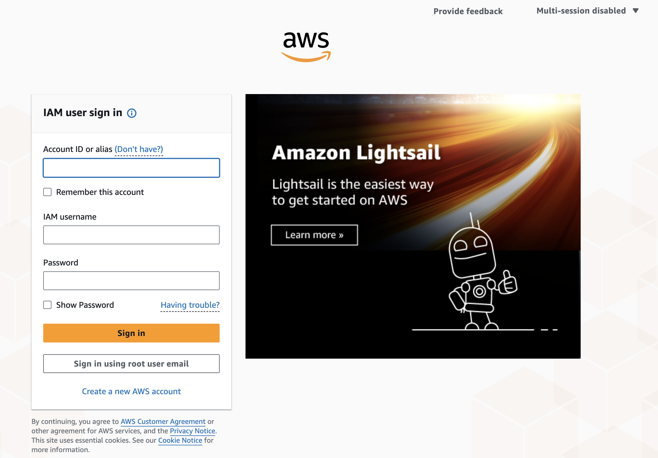 AWS IAM user sign-in form requesting account ID, IAM username, and password
