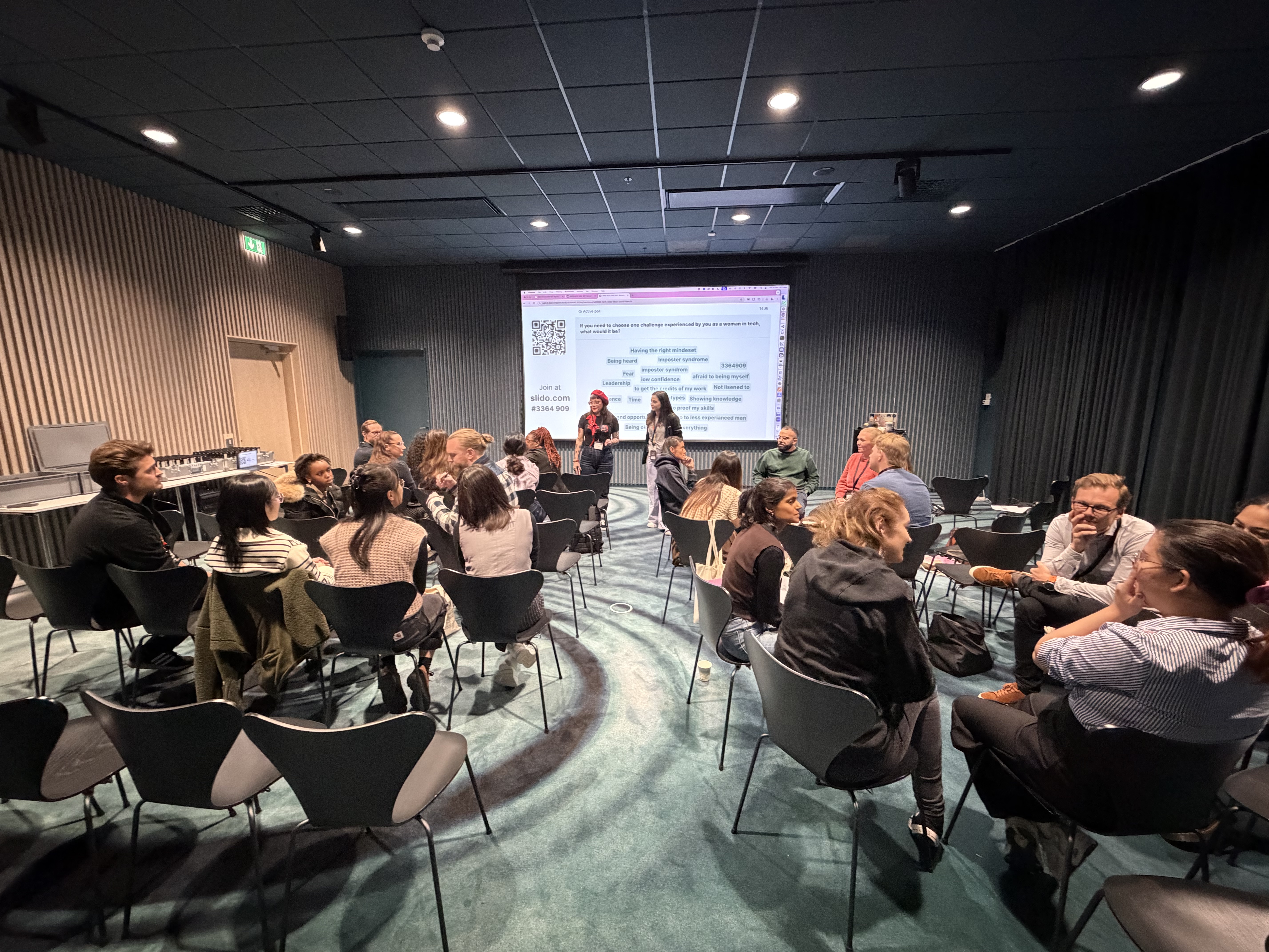 Attendees responding live to a Slido poll on challenges women face in tech, at the AWS Community Day Nordics
